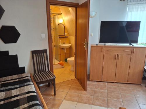 a bathroom with a toilet and a television in a room at Willalux in Mielno