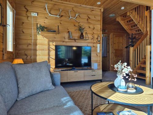 a living room with a couch and a tv at Ilvesrinne - Cosy Fell-Side Cottage in Iso-Syöte in Syöte