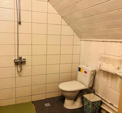 a small bathroom with a toilet and a shower at Võsula Tornimaja apartments in Võsu