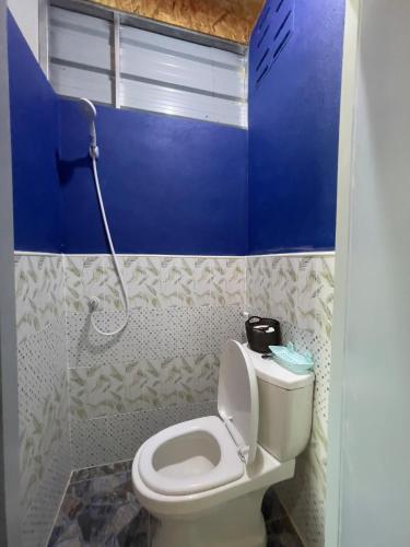 a bathroom with a toilet and a blue wall at Lamai Home Koh Yao Noi in Ko Yao Noi