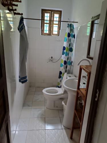 a bathroom with a toilet and a sink at Jambiani Holiday House in Jambiani