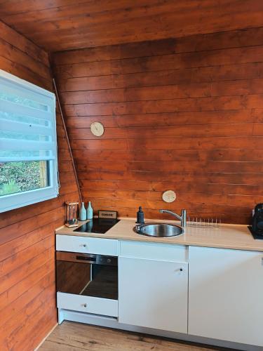 a kitchen with a sink and wooden walls at le moodeng in Villampuy