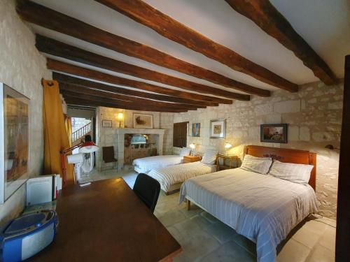 a bedroom with two beds and a fireplace at Le pressoir du prieuré in Ligré