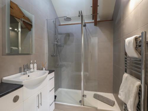 a bathroom with a shower and a sink at Wrens Nest in Kingsbridge
