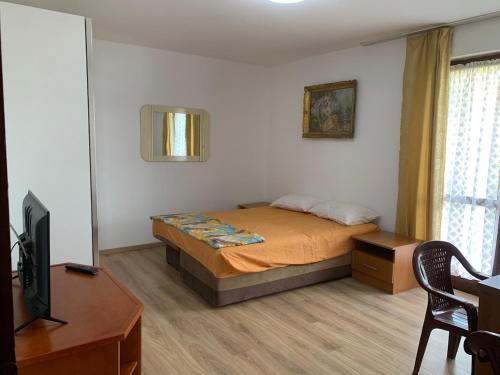 a bedroom with a bed and a desk and a tv at Vila Nikolic in Lastva