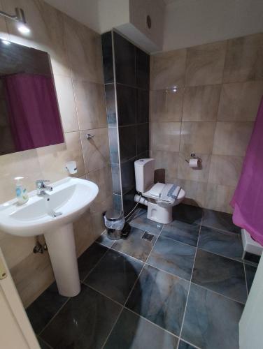 a bathroom with a sink and a toilet at Hotel Theasis in Paralía Sergoúlas