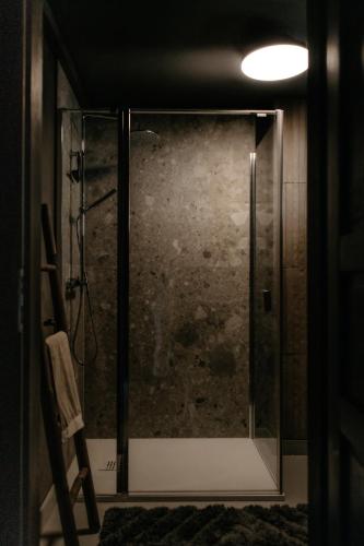 a shower with a glass door in a bathroom at Flumen MIkoszewo in Skorka