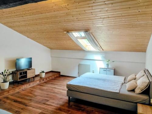 a bedroom with a bed and a flat screen tv at Ubytovanie Čadca 2026 in Čadca