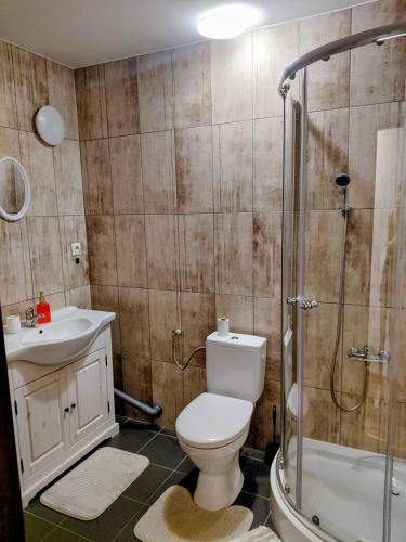 a bathroom with a toilet and a sink and a shower at Ubytovanie Čadca 2026 in Čadca