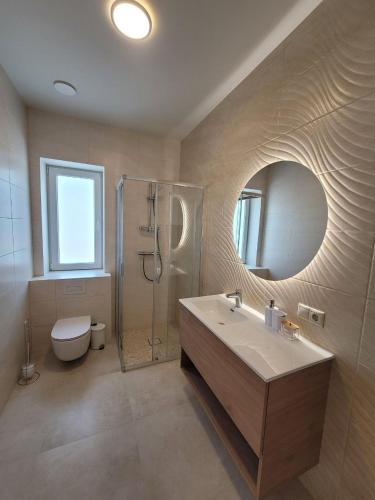 a bathroom with a sink and a shower and a toilet at Klaipedarent in Klaipėda