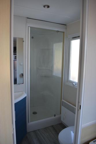 a bathroom with a shower and a toilet and a sink at Camping du Creulet in Crouay