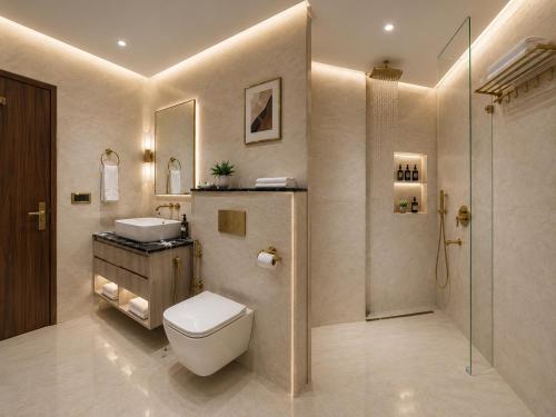 ein Badezimmer mit Toilette, Waschbecken und Dusche in der Unterkunft Hotel Aero Stay Igi Delhi Airport in Neu-Delhi