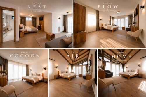 eine Collage aus vier Bildern eines Wohnzimmers in der Unterkunft REY Chalet in Vatra Dornei