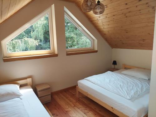 two beds in a room with two windows at Świerkowy Las in Sanok