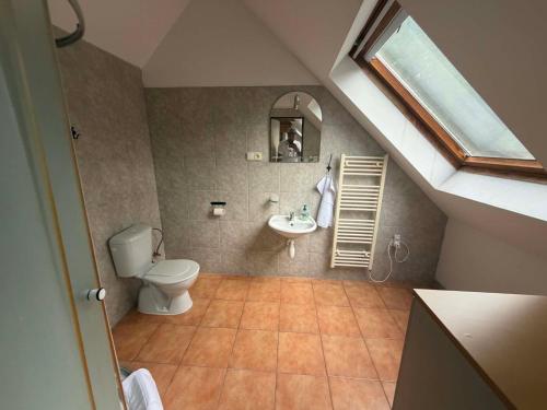 a bathroom with a sink toilet and a mirror at Statek u Potoka in Vimperk