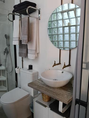 a bathroom with a sink and a toilet and a mirror at Corredera Travel 2 in Córdoba