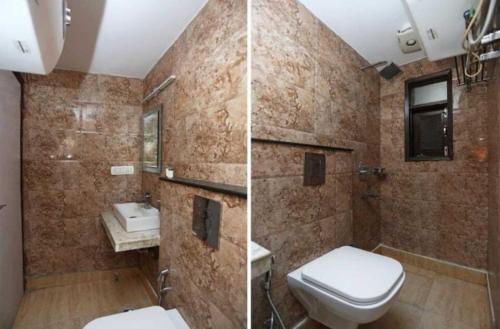 two pictures of a bathroom with a toilet and a sink at Hotel Bir Stay- Near Nizamuddin Dargah in New Delhi