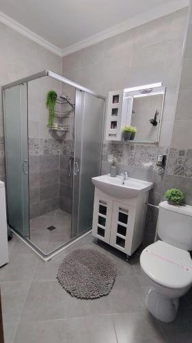 a bathroom with a shower and a toilet and a sink at Апартамент Славяна in Velingrad