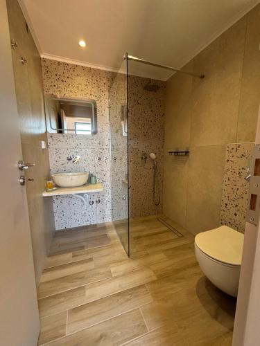 a bathroom with a shower and a toilet and a sink at Stella Studios in Patitiri