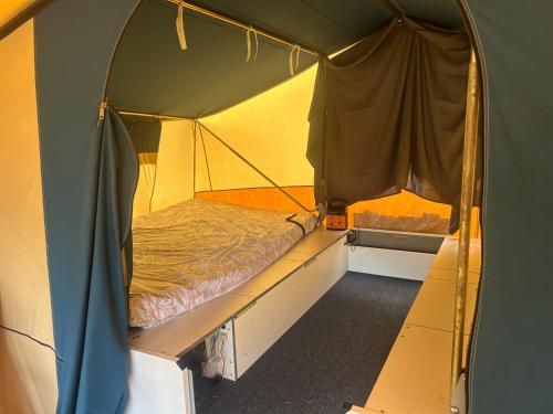 an inside of a tent with a bed in it at Ready Pitched Tent stay Bring your own bedding in Trefnant