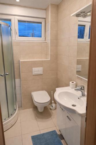 a bathroom with a toilet and a sink and a shower at Apartment Gonzales in Mostar