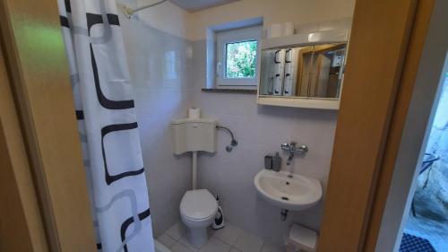 a small bathroom with a toilet and a sink at Apartment Carolina - Hillside Stay, Steps from the Sea in Portorož