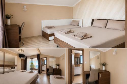 two pictures of a bedroom with two beds at Guest House Costa 1 in Karianí