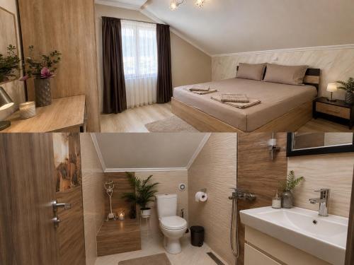 a bedroom with a bed and a sink and a toilet at Guest House Costa 1 in Karianí