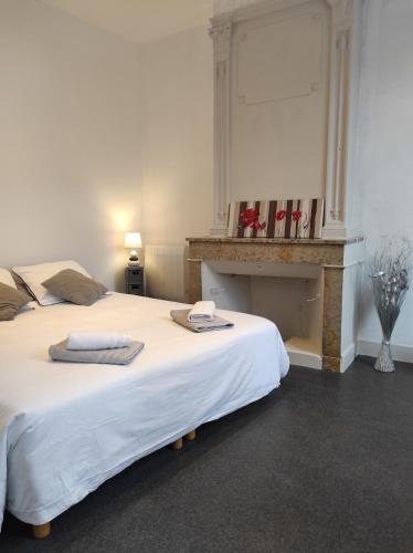 a bedroom with a large white bed with a fireplace at Le first République, gare centre ville in Bourgoin