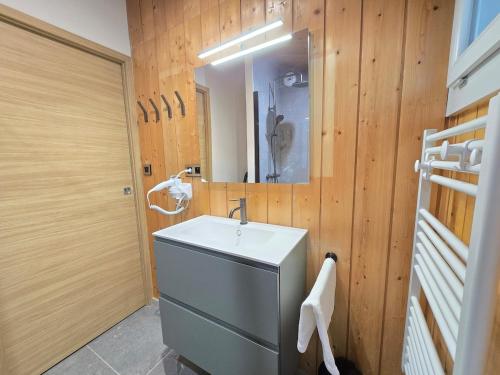 a bathroom with a sink and a mirror at Les Reflets Bleus in Maisod
