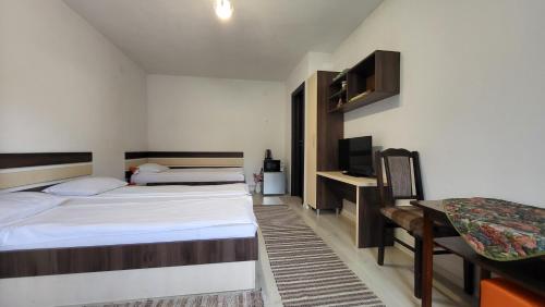 a bedroom with two beds and a desk and a television at Salt Holiday in Praid