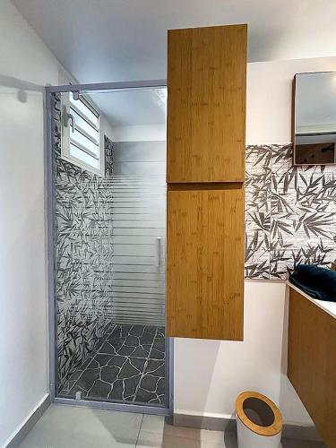 a shower with a glass door in a bathroom at Ty Lodge Réunion, Piscine, Spa, Vue Océan, Jardin, entre Saint-Pierre et volcan in Le Tampon