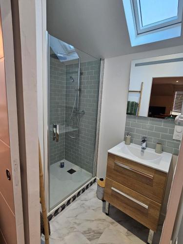 a bathroom with a shower and a sink and a mirror at Le Forest Lodge 325 in Béthune