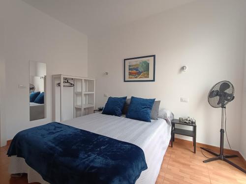 a bedroom with a bed with blue pillows and a fan at La Casita de Héctor in Arinaga