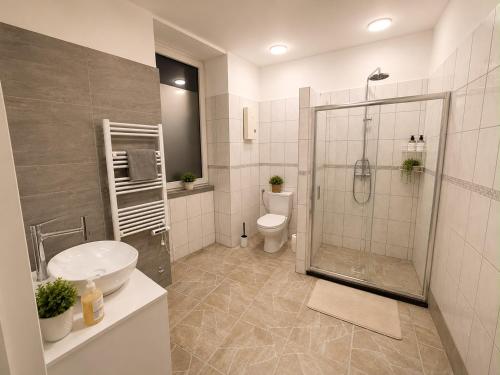 a bathroom with a shower and a toilet and a sink at Vacation Room in Traben-Trarbach