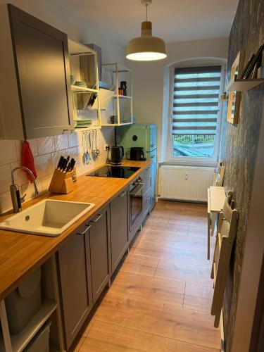 a kitchen with a sink and a wooden floor at Ferienwohnung Lucy - Moderne Ferienwohnung mit kostenlosem Parkplatz, Terrasse, nahe Bad Schandau und Malerweg in Bad Schandau