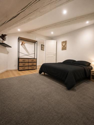 a bedroom with a large bed and a mirror at Elégant Duplex in Béziers