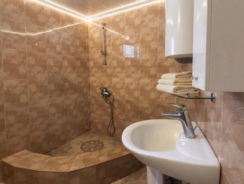 a bathroom with a sink and a shower at Guest House Nino in Mestia