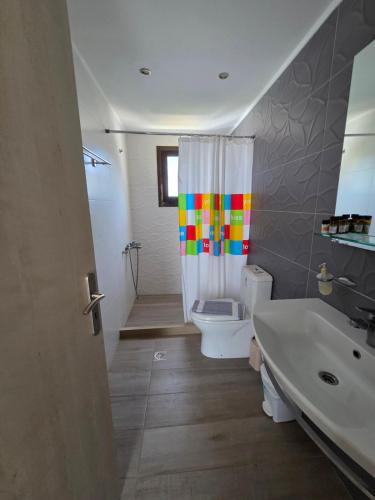 a bathroom with a rainbow shower curtain and a toilet at Paradise Matala Hotel in Matala