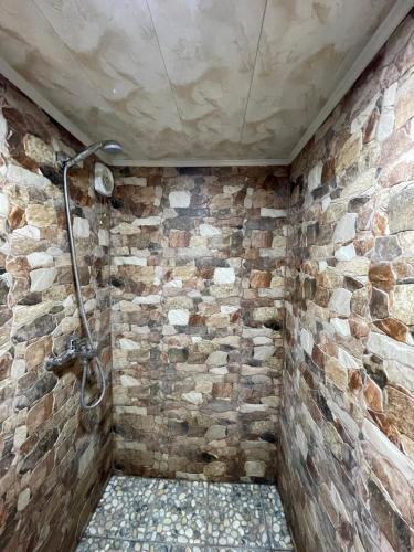 a bathroom with a shower in a brick wall at Dili Dzor in Dilijan