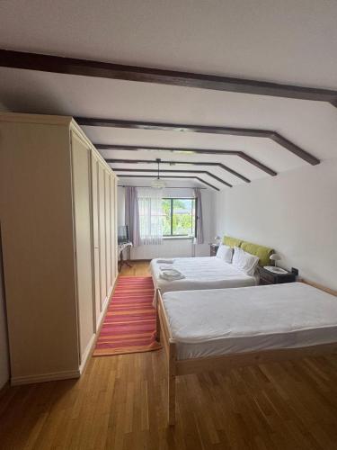 a bedroom with two beds and a window at Pensiunea Funivia in Săcele