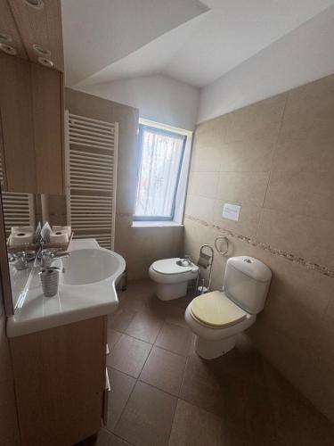 a bathroom with a white toilet and a sink at Pensiunea Funivia in Săcele