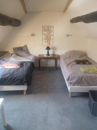 a bedroom with two beds and a table with a lamp at Tour Rose in Frangy