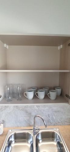 a kitchen counter with a sink and bowls on a shelf at Casa Ligoustra in Kalithies
