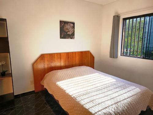 a bedroom with a bed with a wooden headboard and a window at Apartemento Grande Hohenau Centro in Hohenau