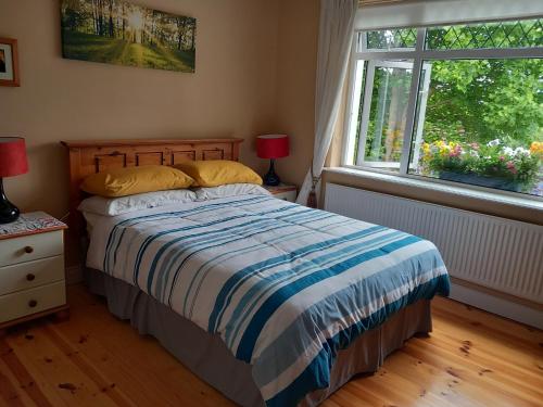 a bedroom with a bed with a striped blanket and a window at Waterways Lodge in Carrick on Shannon