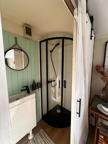 a bathroom with a shower and a sink and a mirror at Tiny House Zagroda Kopytkowo in Ropica Górna