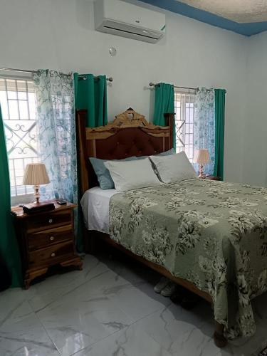 a bedroom with a large bed with green curtains at 25 Spice in Port Antonio