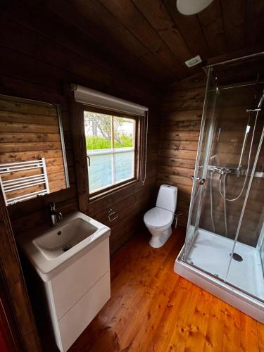 a bathroom with a toilet and a sink and a shower at Hotel Stadarborg in Breiðdalsvík