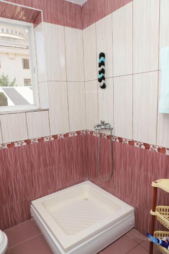 a bathroom with a shower with a shower head at Evelin Apartment Berat in Berat